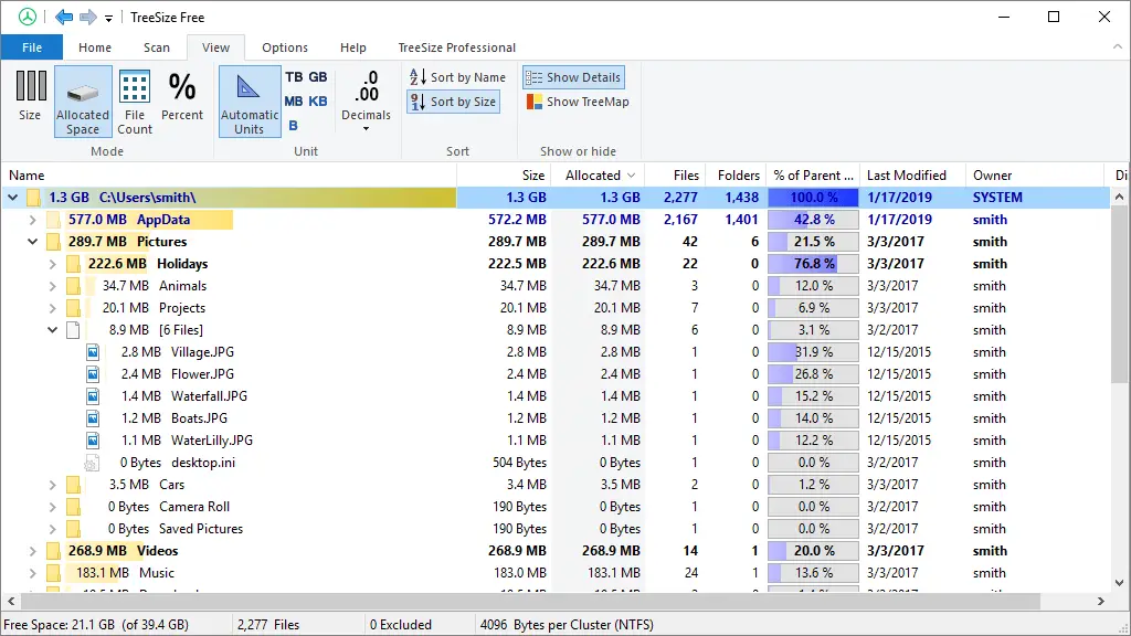 treeview disk space