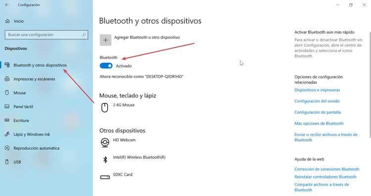 Bluetooth y otros dispositivos en Windows 10