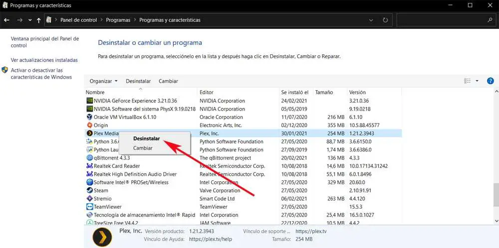 Desinstalar programas panel