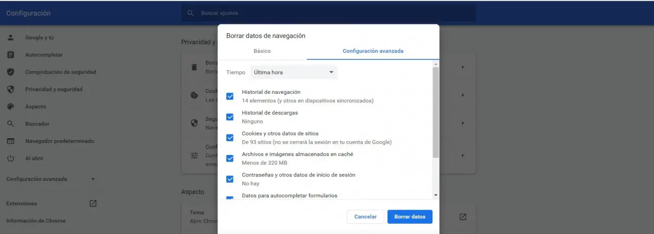 Borrar la cache y cookies in Chrome