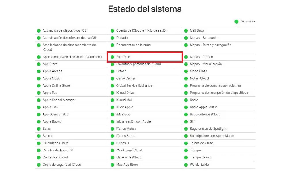 Estado sistema facetime