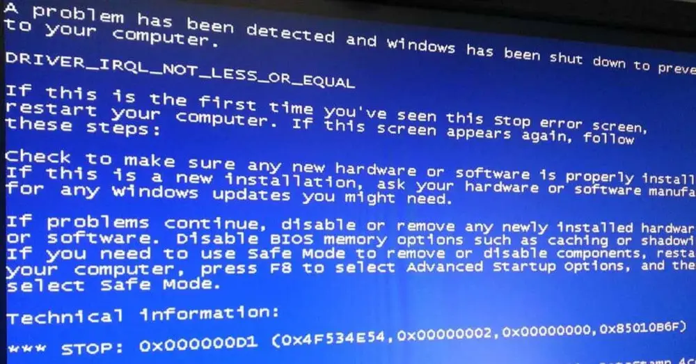 windows 10 blue screen stop code irql not less or equal