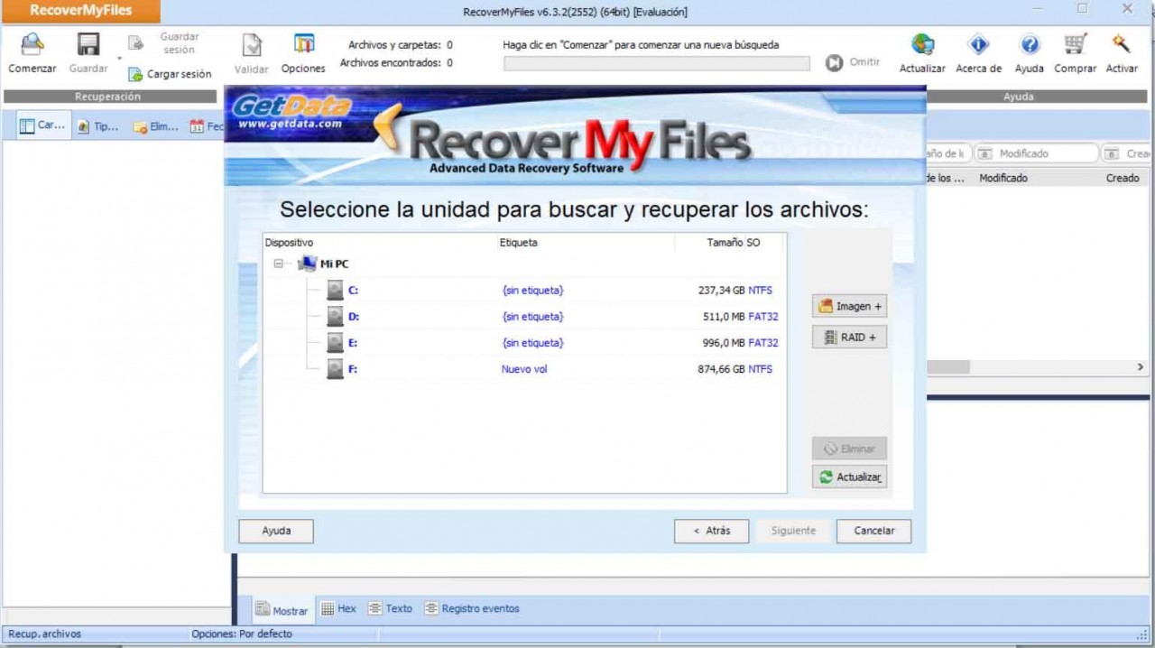 Elegir unidad para recuperar archivos no Windows