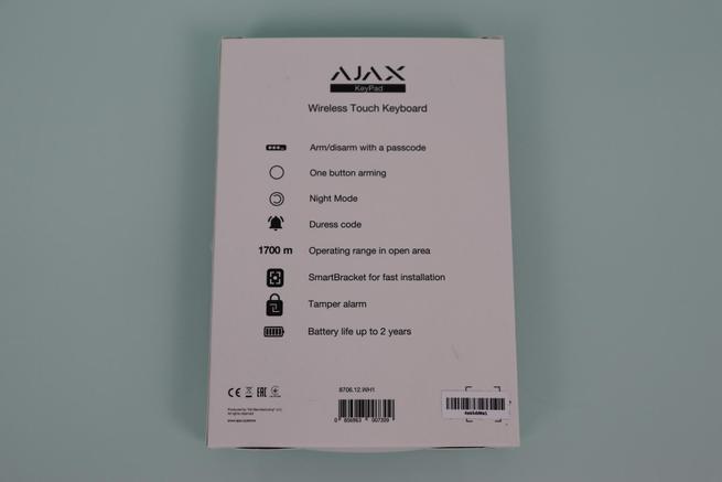 Trasera de la caja del teclado inalámbrico Ajax KeyPad