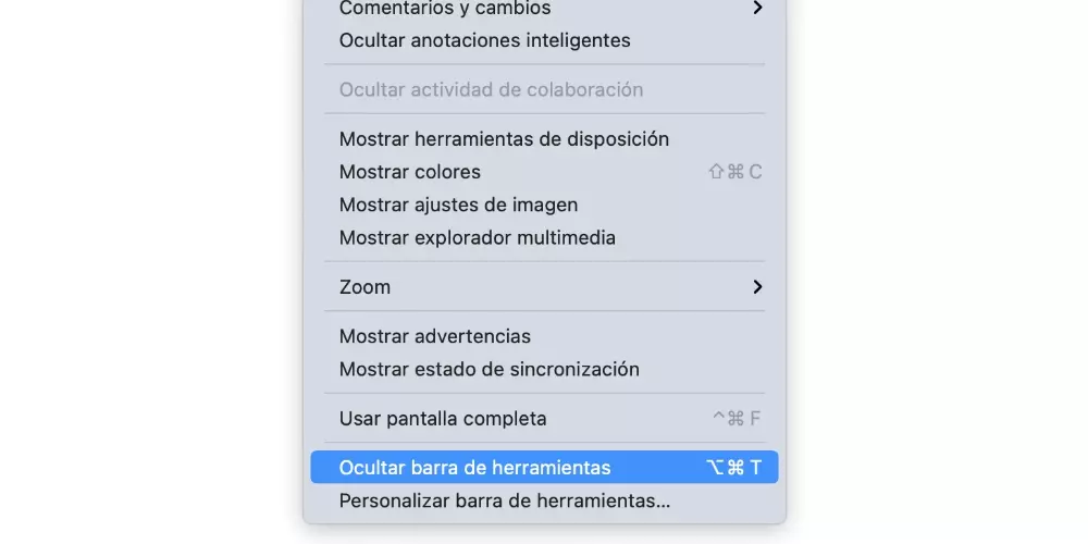 ocultar barra de herramientas pages pages keynote mac