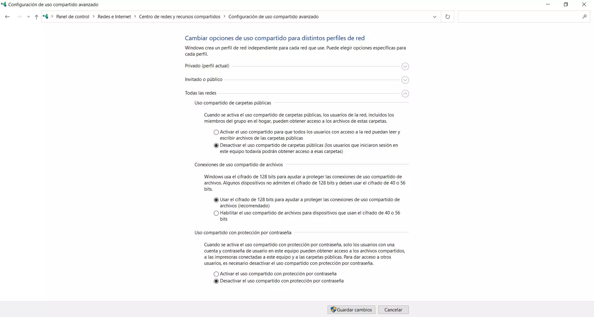 Desactivar el uso compartido de proteção por con contraseñas