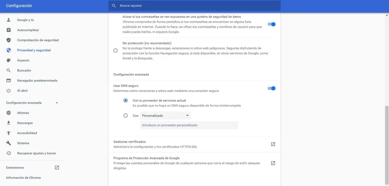 Utiliser DNS Seguros en Chrome