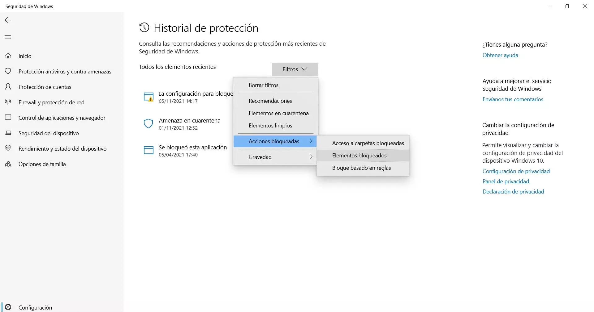 Elementos bloqueados ja Windows Defender