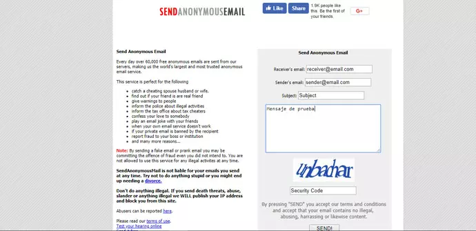 Invia e-mail de forma anónima