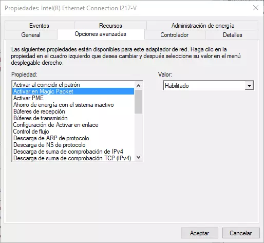 Magic Packet Adaptador de Red Windows 10