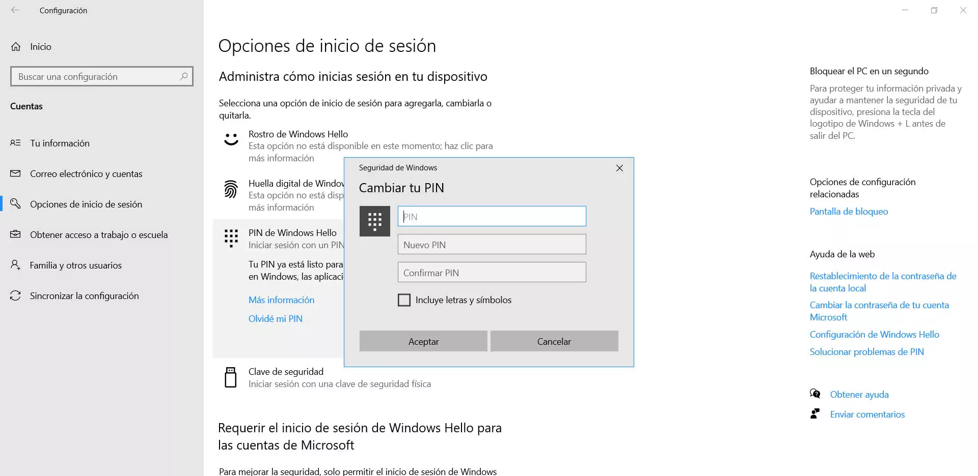 Cambiar el PIN-код в Windows 10