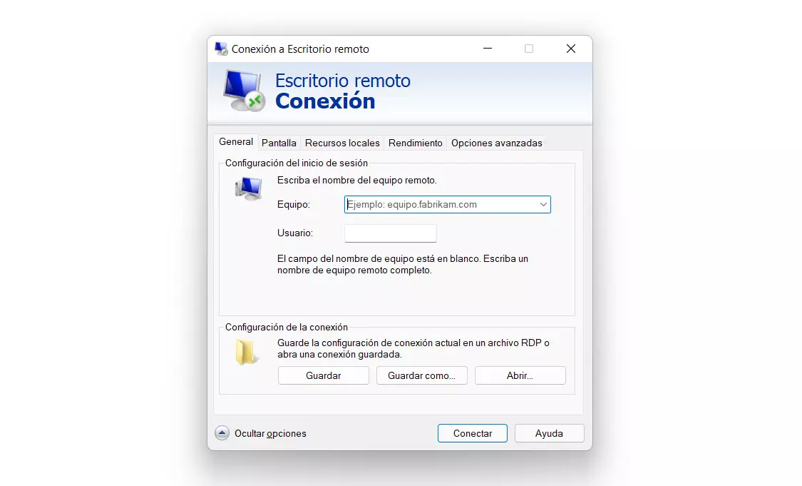 Conexión de escritorio remote en Windows