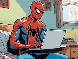 Omul Păianjen folosind laptop