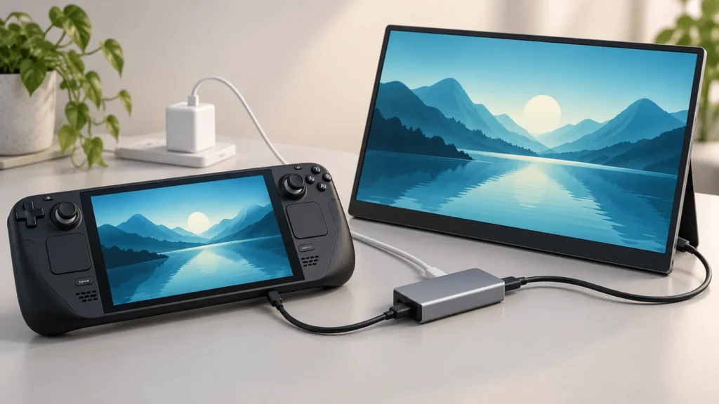 a Steam Deck beside a portable monitor, USB-C hub and charger