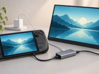 a Steam Deck beside a portable monitor, USB-C hub and charger
