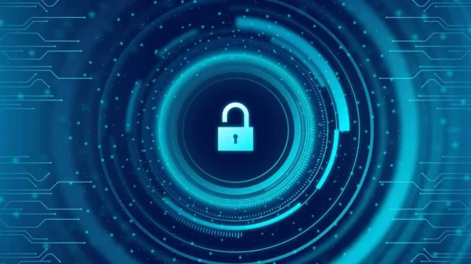 Illustration of a padlock surrounded by blue digital circuits
