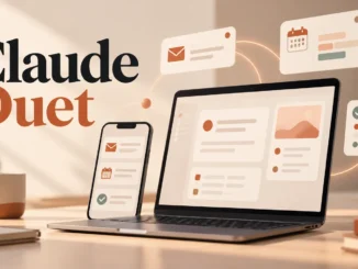 Claude Duet illustration with a laptop, smartphone, email, calendar and task cards.