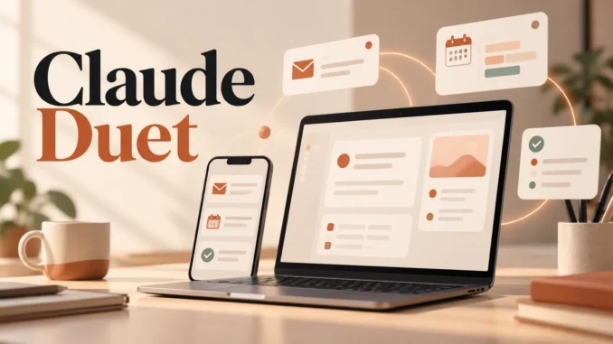 Claude Duet illustration with a laptop, smartphone, email, calendar and task cards.