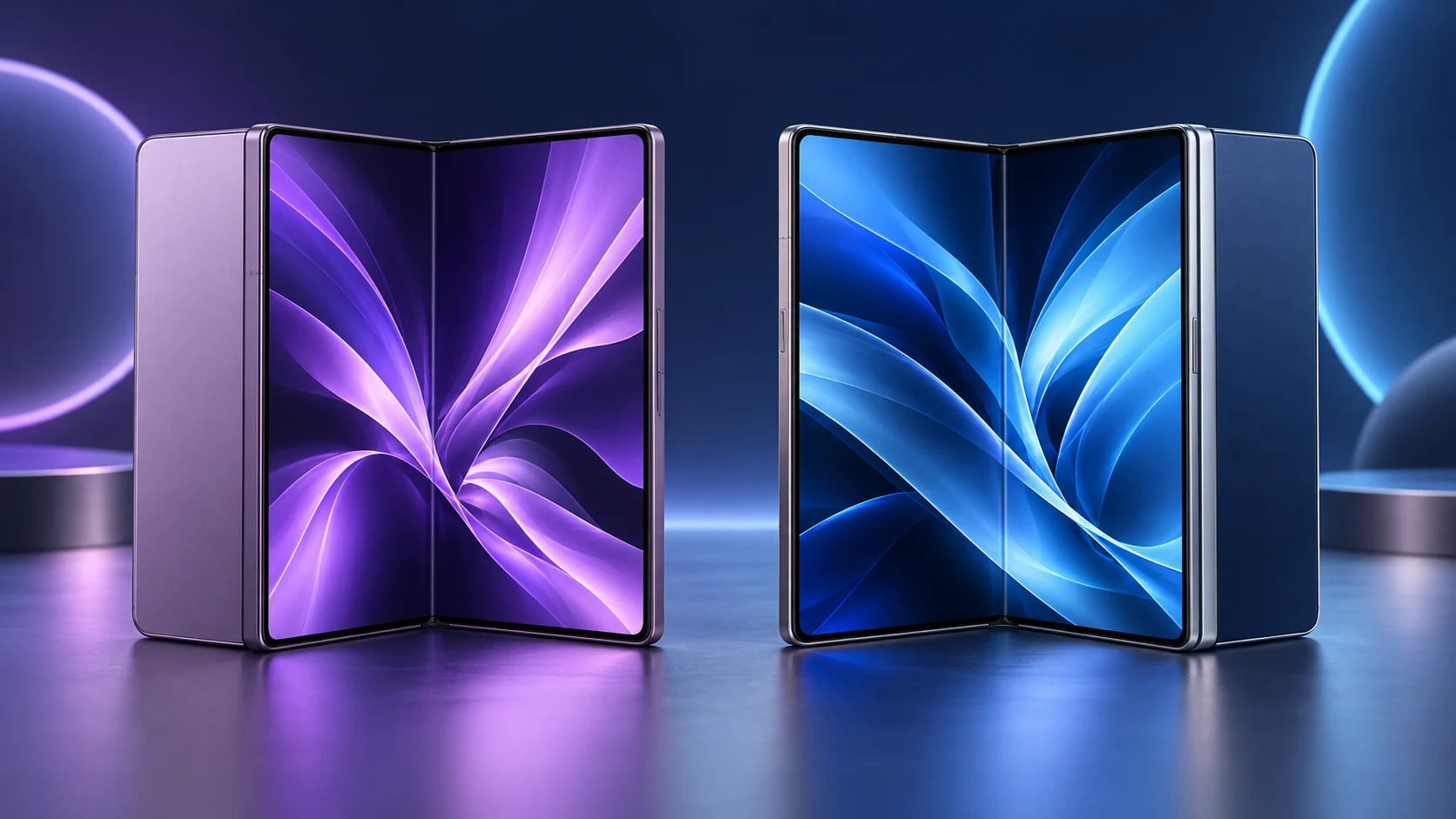 Editorial illustration of two open foldable phones with purple and blue screens, representing the Galaxy Z Fold 8 and iPhone Duo comparison