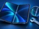 Illustration of a foldable phone with a cracked inner screen beside inspection and repair symbols.