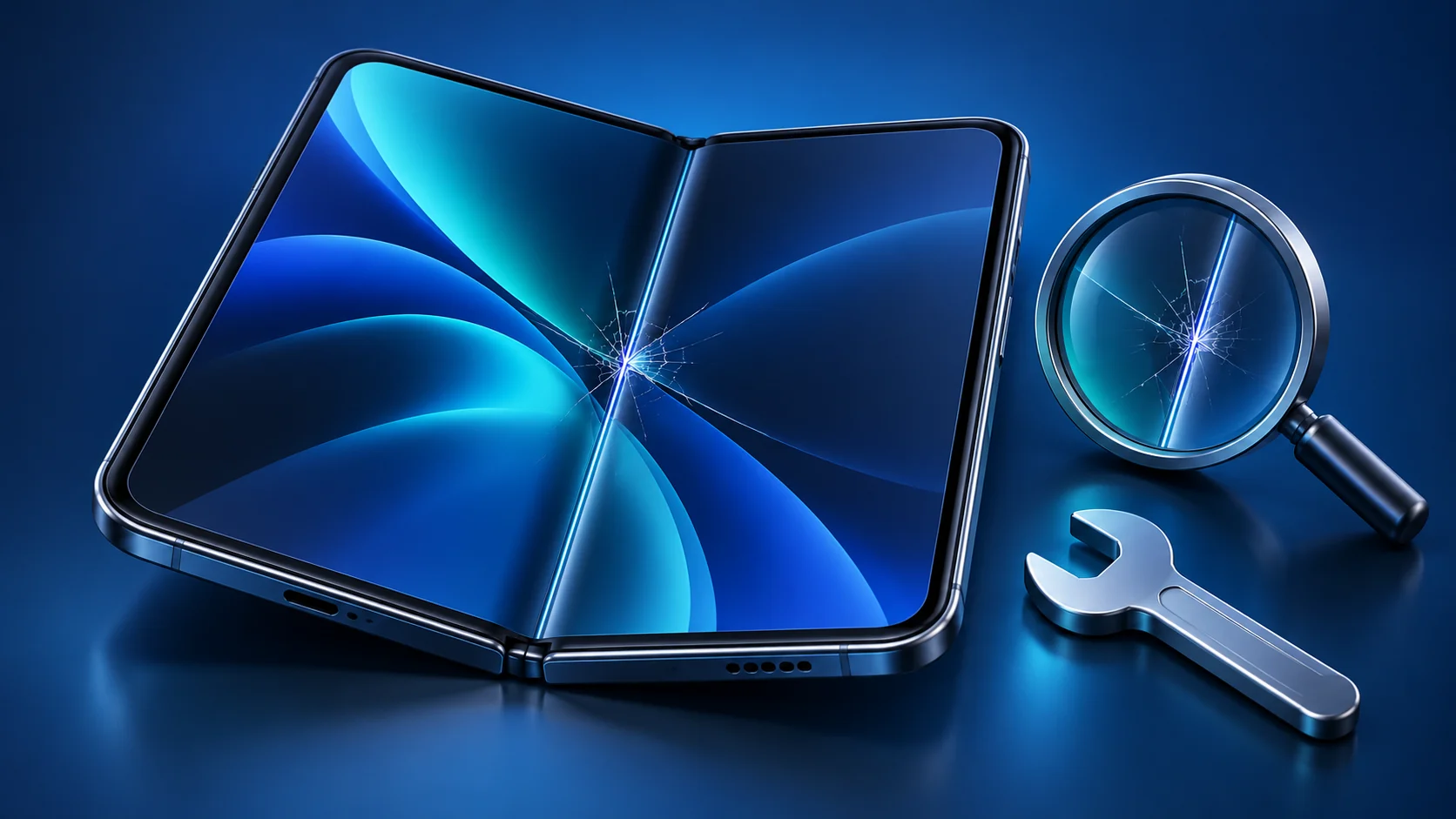 Illustration of a foldable phone with a cracked inner screen beside inspection and repair symbols.