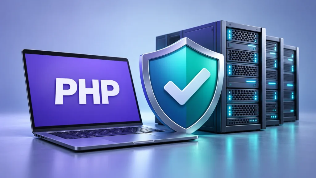 PHP on a laptop beside web servers and a shield with an update checkmark.