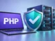 PHP on a laptop beside web servers and a shield with an update checkmark.
