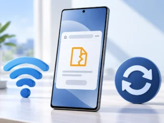 Illustration of a Galaxy-style phone showing a webpage error beside Wi-Fi and update symbols.