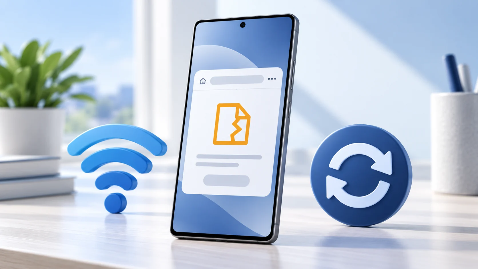 Illustration eines Galaxy-Handys mit Webseitenfehler neben WLAN- und Updatesymbolen.