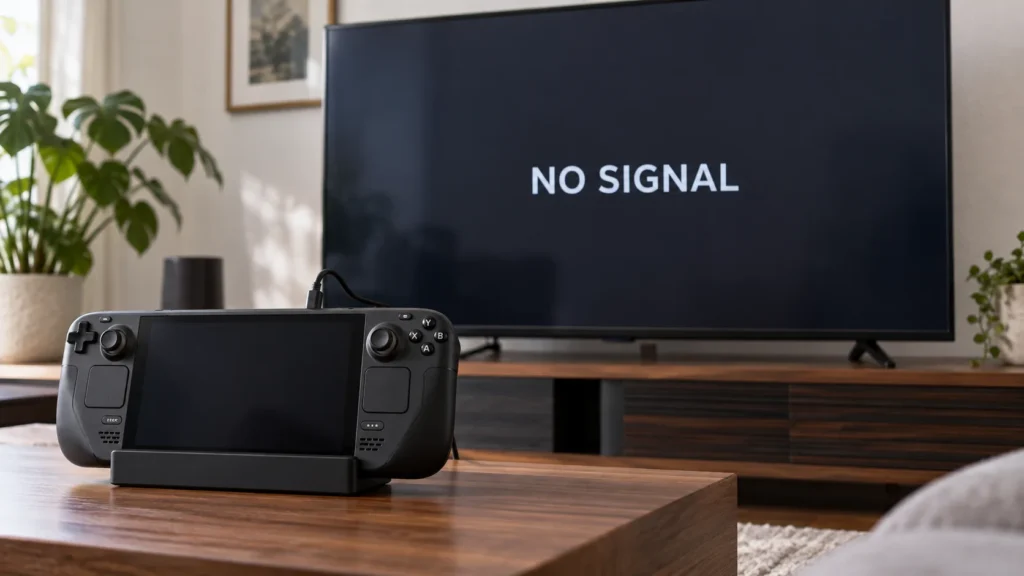 Steam Deck in a dock connected to a TV displaying No Signal