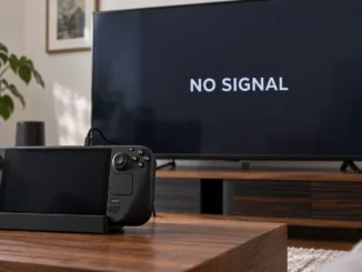 Steam Deck in a dock connected to a TV displaying No Signal