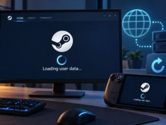 Illustration of Steam’s Loading user data screen on a desktop monitor and a handheld gaming PC.