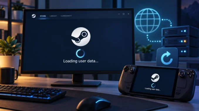 Illustration of Steam’s Loading user data screen on a desktop monitor and a handheld gaming PC.